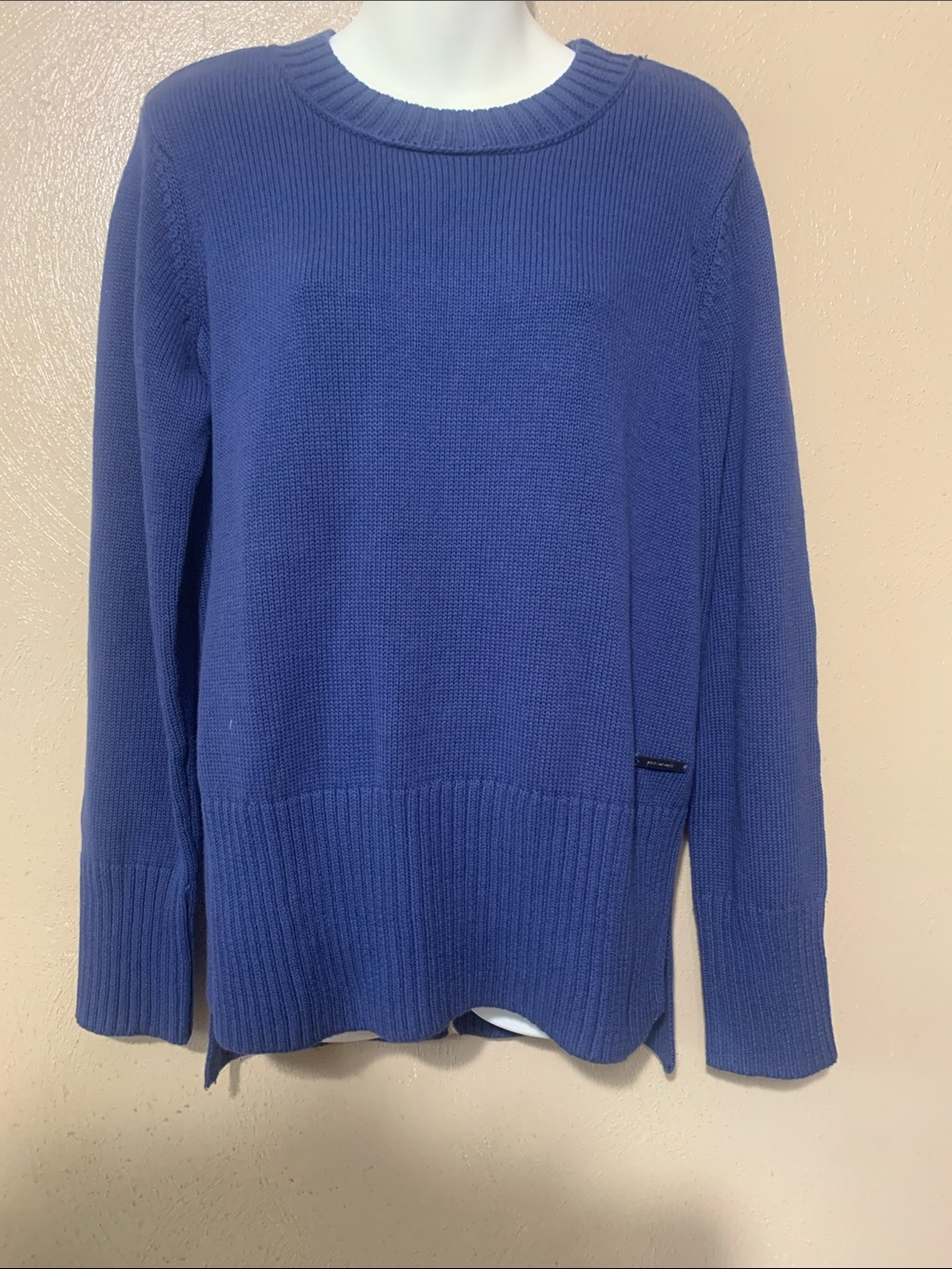 Peace Love World size S Blue Scoop-Neck Sweater White Back Stripe